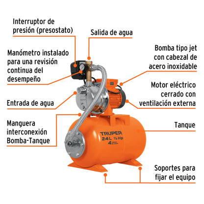 HIDR-1/2X24 Bomba hidroneumática 1/2 HP, 24 L Truper