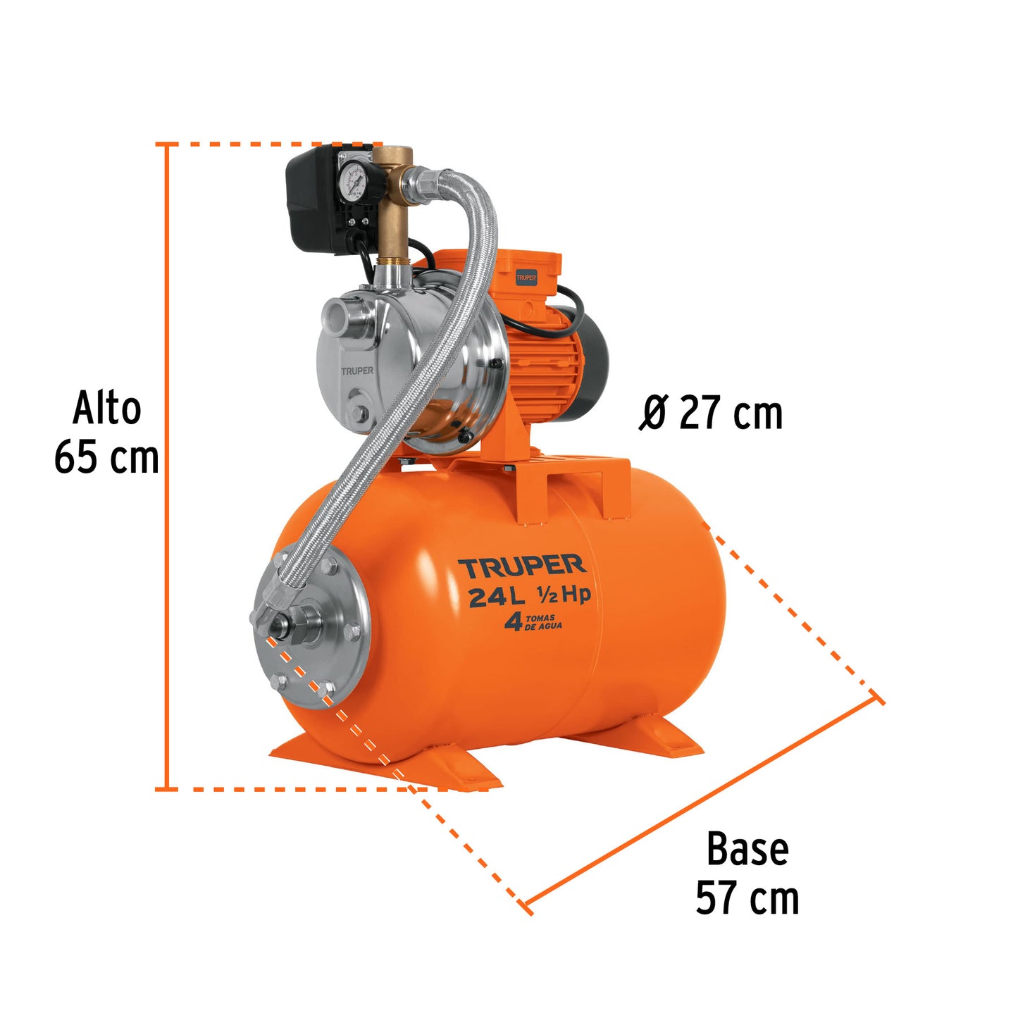 HIDR-1/2X24 Bomba hidroneumática 1/2 HP, 24 L Truper