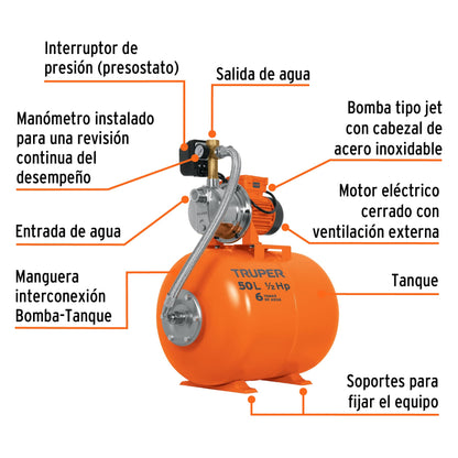 HIDR-1/2X50 Bomba hidroneumática de 1/2HP, 50 litros