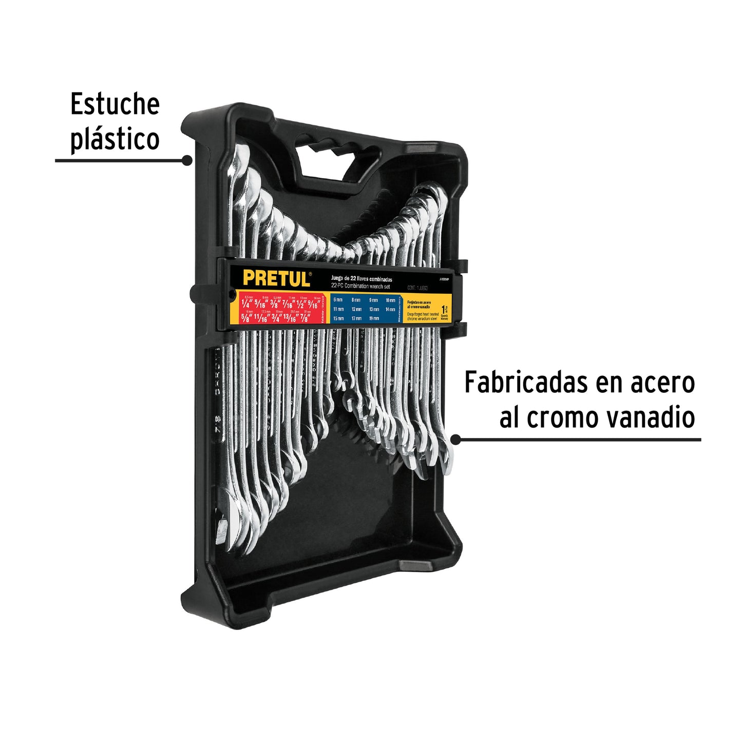 J-2022MP Juego de llaves combinadas, 22 piezas, std y mm, Pretul
