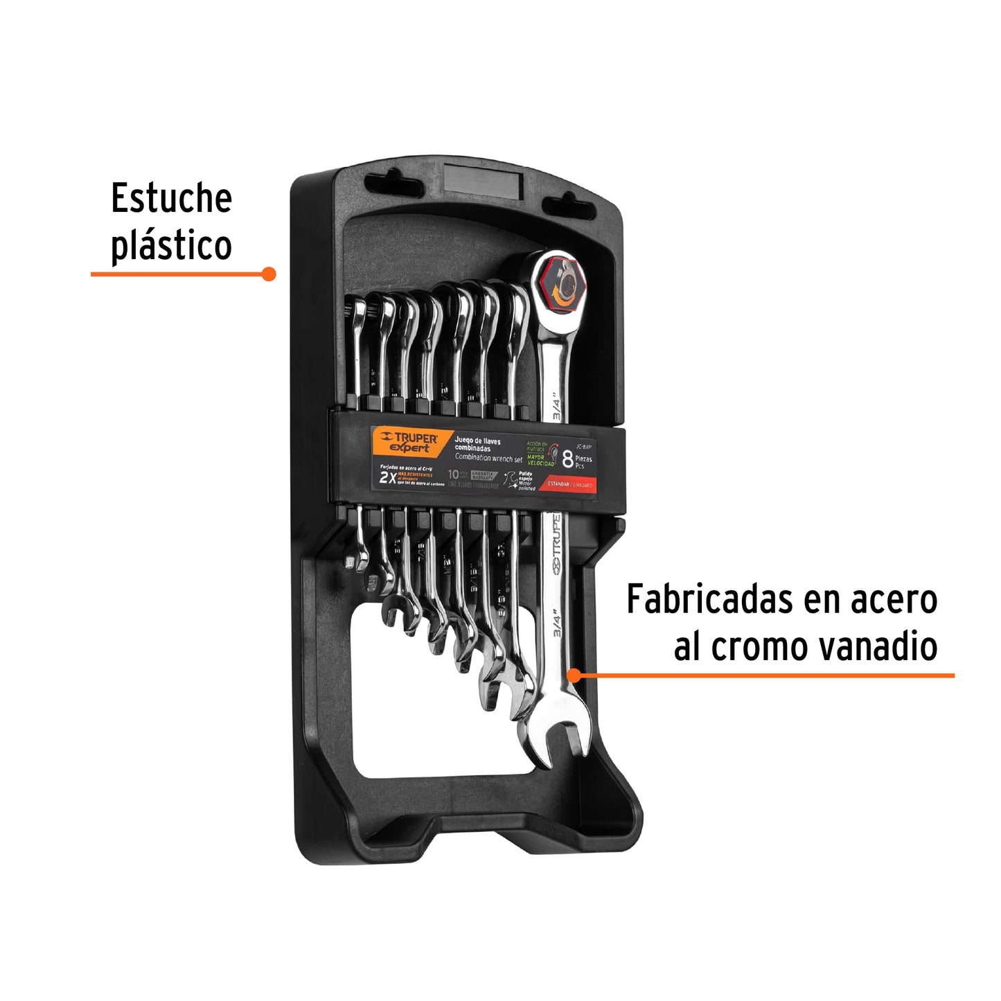 JC-8XP Juego de 8 llaves en pulgadas pulidas con ratchet, Truper Expert