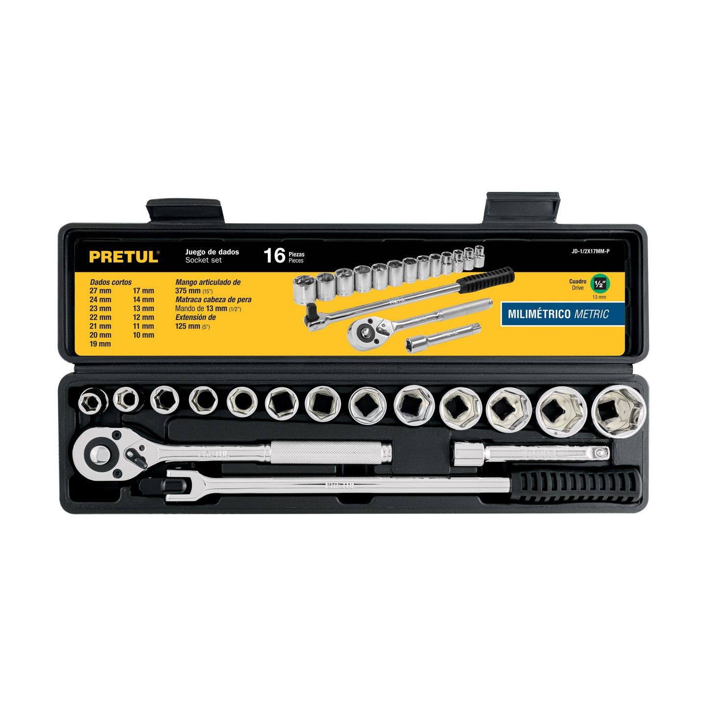 JD-1/2X17MM-P Juego de mecánico, 16 piezas métricas, 1/2", Pretul