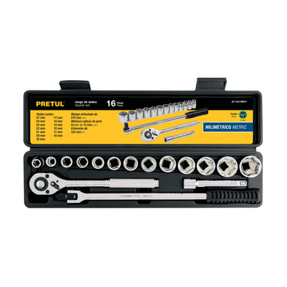 JD-1/2X17MM-P Juego de mecánico, 16 piezas métricas, 1/2", Pretul