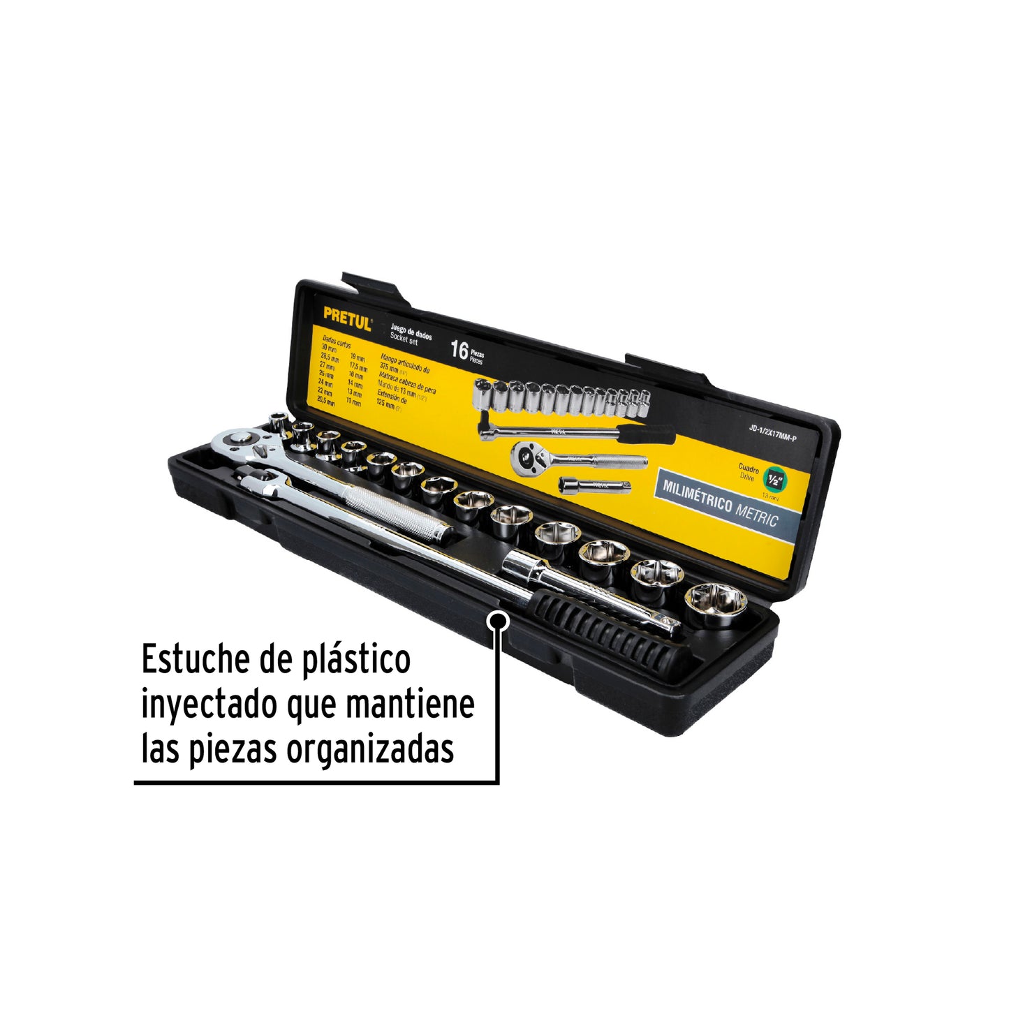 JD-1/2X17MM-P Juego de mecánico, 16 piezas métricas, 1/2", Pretul
