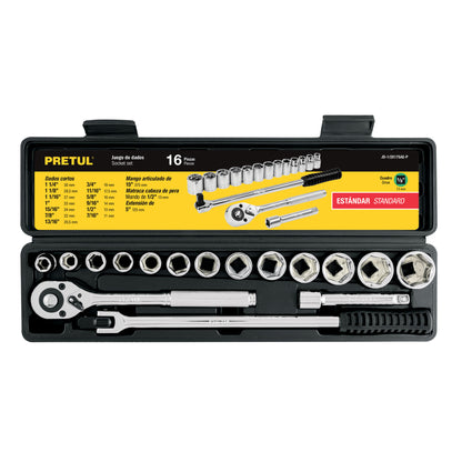 JD-1/2X17SAE-P Juego de mecánico, 16 piezas en pulgadas, 1/2", Pretul