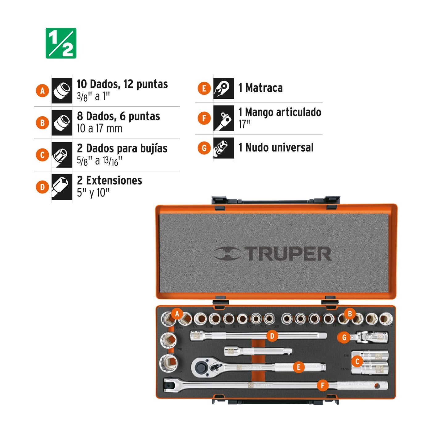 JD-1/2X26MP Juego de mecánico mixto, mando 1/2', 25 piezas