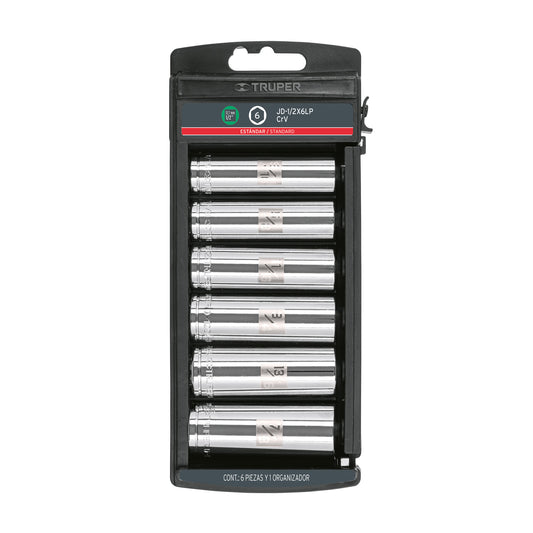 JD-1/2X6LP Juego copas largos, cuadro 1/2', 6 piezas