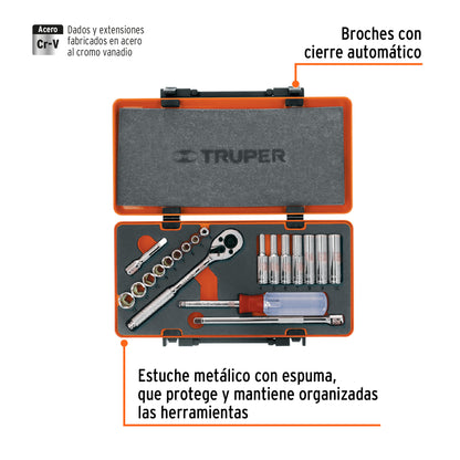 JD-1/4X21M Juego de mecánico, mando 1/4', 20 piezas, métricas