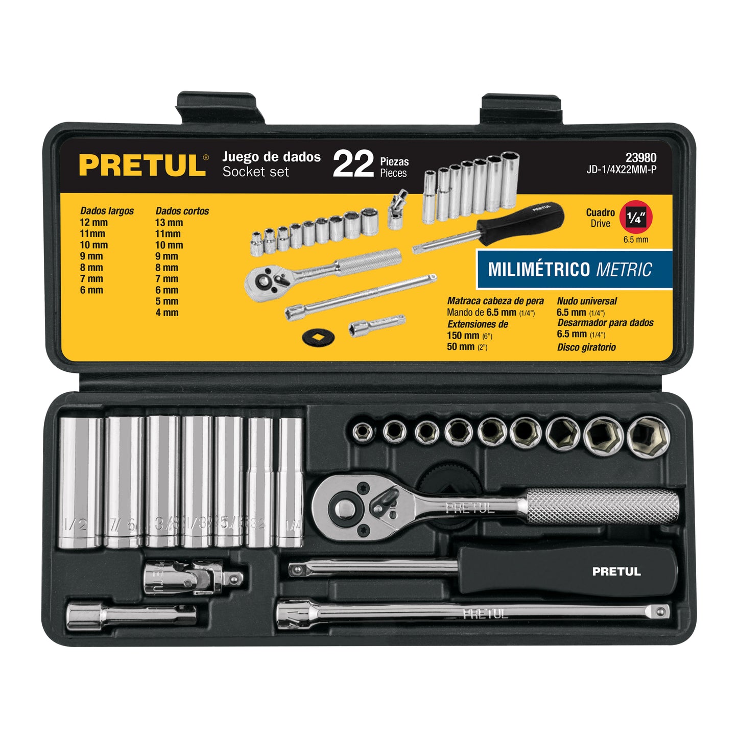 JD-1/4X22MM-P Juego de mecánico, 22 piezas métricas, 1/4", Pretul