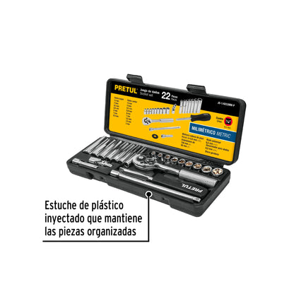 JD-1/4X22MM-P Juego de mecánico, 22 piezas métricas, 1/4", Pretul