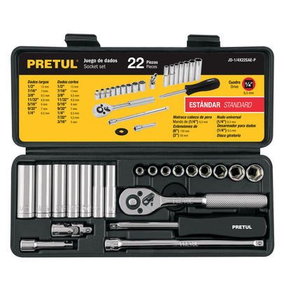 JD-1/4X22SAE-P Juego de mecánico, 22 piezas en pulgadas, 1/4", Pretul