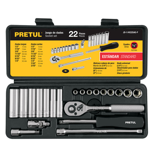 JD-1/4X22SAE-P Juego de mecánico, 22 piezas en pulgadas, 1/4", Pretul