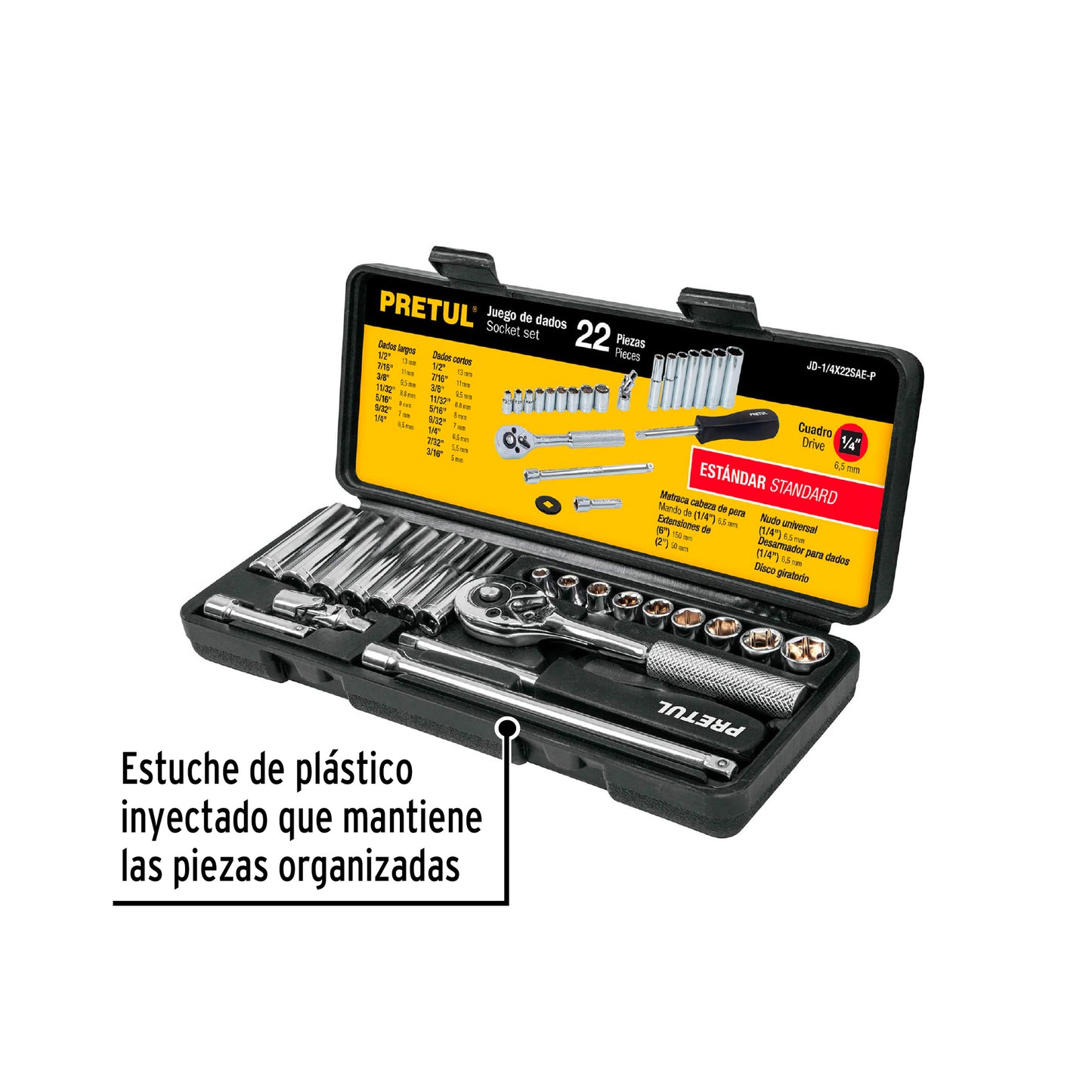 JD-1/4X22SAE-P Juego de mecánico, 22 piezas en pulgadas, 1/4", Pretul