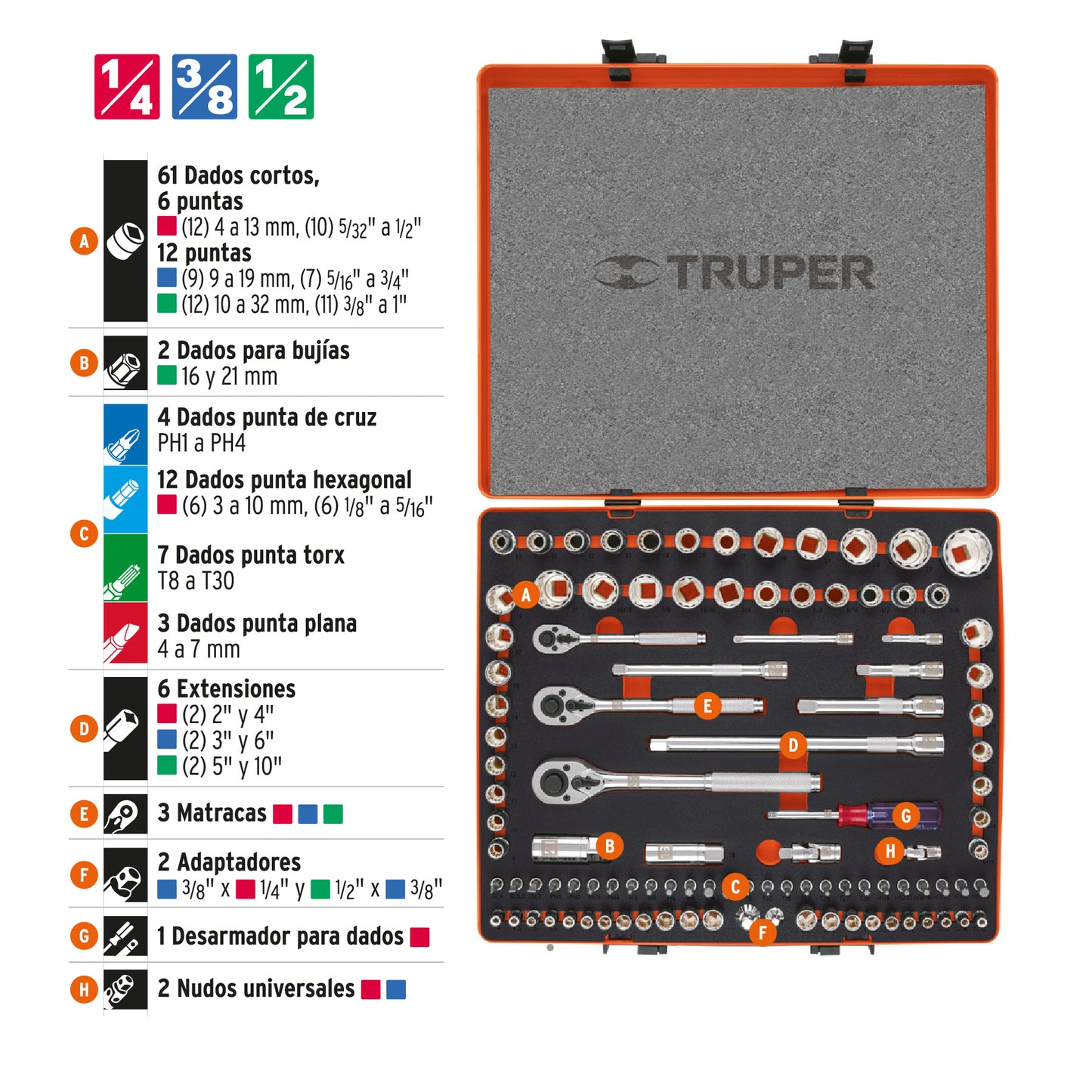 JD-103MP Juego de 103 piezas mixto, 1/4", 3/8", 1/2"