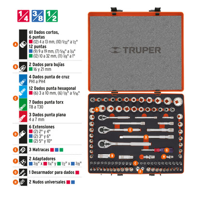JD-103MP Juego de 103 piezas mixto, 1/4", 3/8", 1/2"