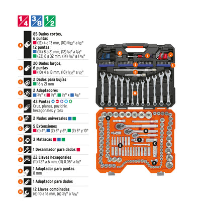 JD-199MP Juego de 199 piezas mixto, 1/4", 3/8", 1/2"