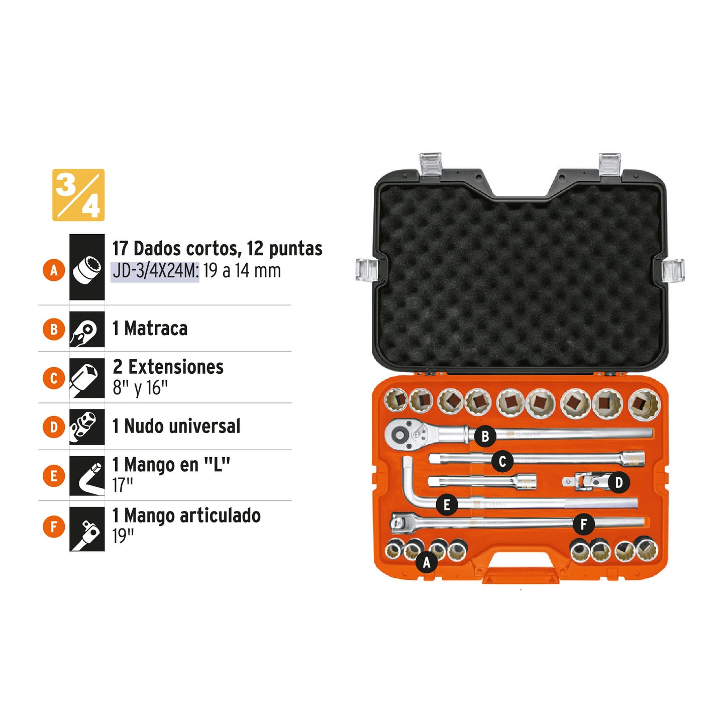 JD-3/4X24M Juego de autoclé, cuadro 3/4', 24 piezas, milimétricos