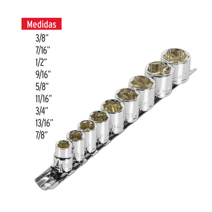 JD-3/8X10SAE-P Juego de copas, mando 3/8", 10 piezas, Pretul