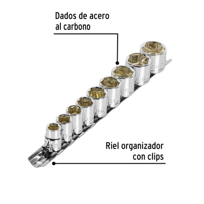 JD-3/8X10SAE-P Juego de copas, mando 3/8", 10 piezas, Pretul