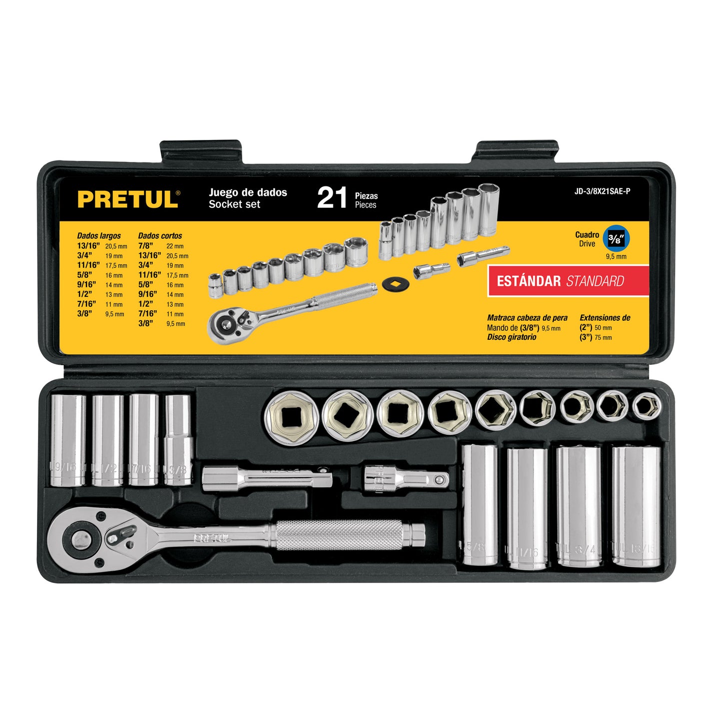 JD-3/8X21SAE-P Juego de mecánico, 21 piezas en pulgadas, 3/8", Pretul