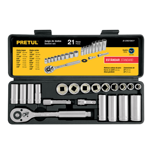 JD-3/8X21SAE-P Juego de mecánico, 21 piezas en pulgadas, 3/8", Pretul