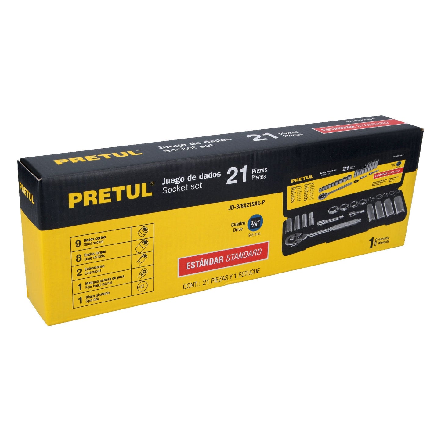 JD-3/8X21SAE-P Juego de mecánico, 21 piezas en pulgadas, 3/8", Pretul