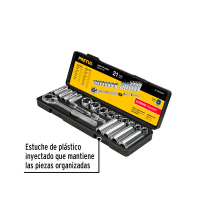 JD-3/8X21SAE-P Juego de mecánico, 21 piezas en pulgadas, 3/8", Pretul