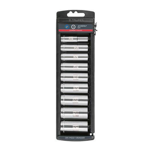 JD-3/8X9LP Juego de copas largos, cuadro 3/8', 9 piezas