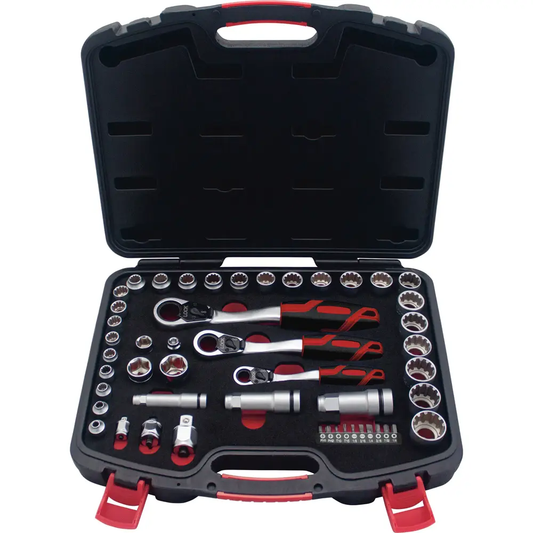 JGT01 Juego de copas y accesorios cuadrante 1/4" 3/8" y 1/2" mixto 49 piezas