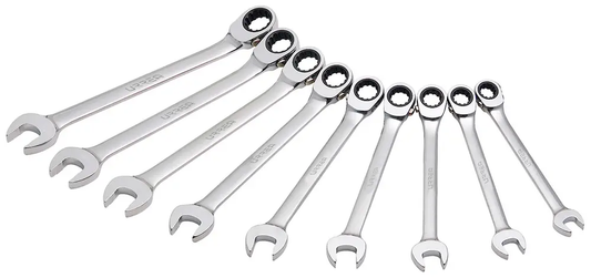 JLMC9R Juego de llaves combinadas pulido espejo con ratchet Spline reversible 9 piezas 1/4" a 3/4", uso pesado, Urrea