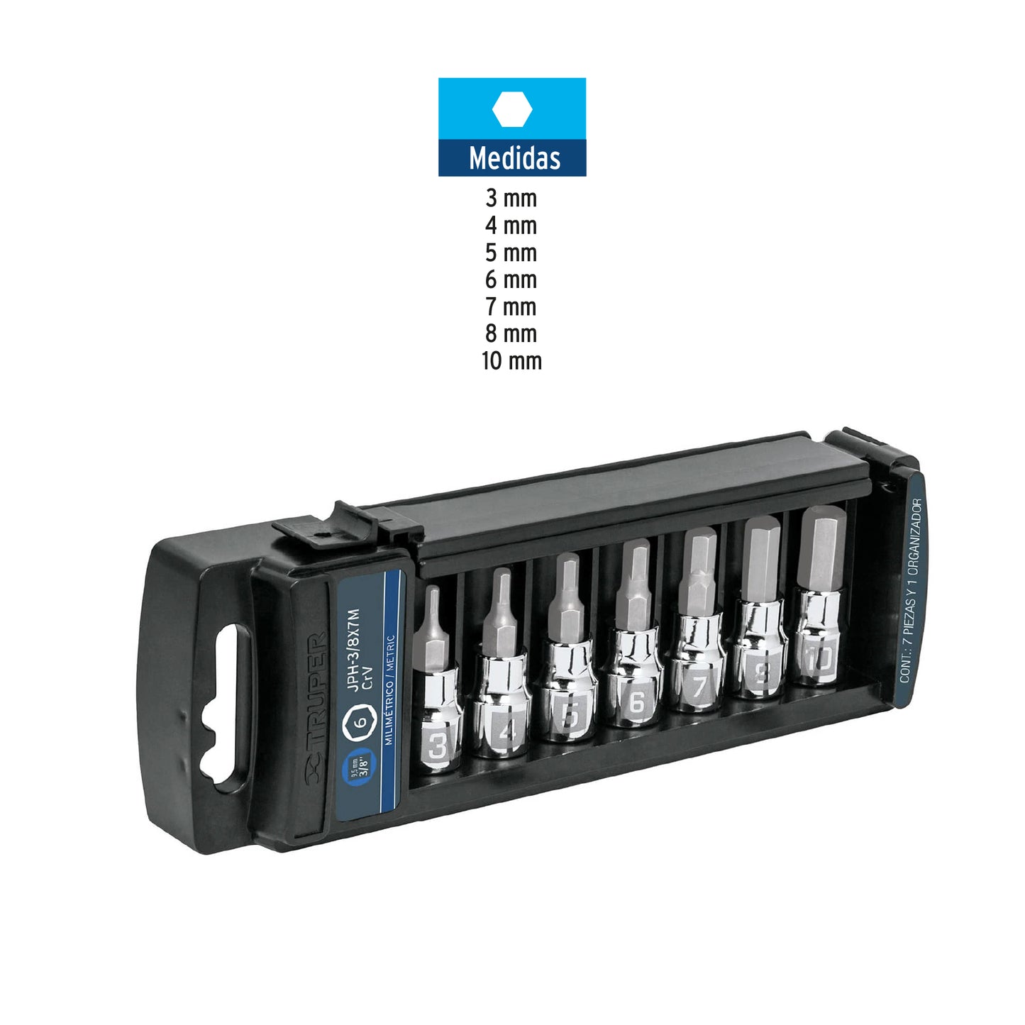 JPH-3/8X7M Juego de copas, punta hexagonal, mando 3/8", 7 piezas, mm