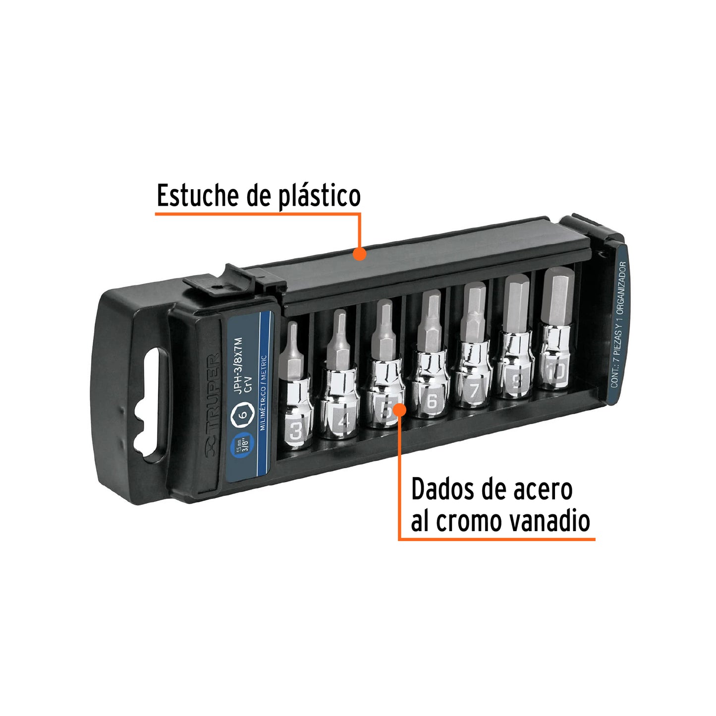 JPH-3/8X7M Juego de copas, punta hexagonal, mando 3/8", 7 piezas, mm