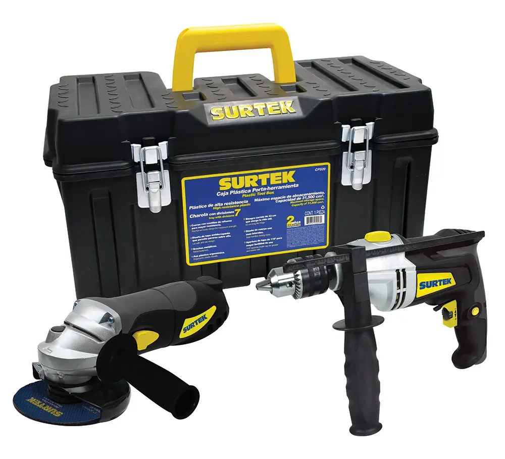 JPS01 Combo pulidora 4-1/2" 720W + taladro 1/2" 810W con caja de herramientas, uso profesional