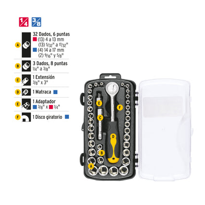 JUDA-38P Juego de ratchet y copas, 39 piezas, Pretul