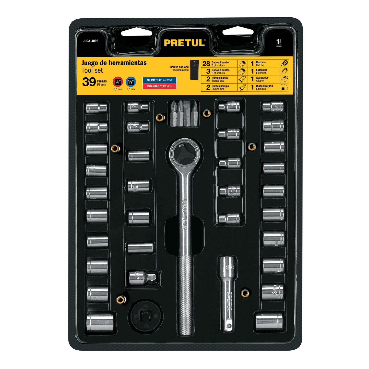JUDA-40PB Juego de ratchet, copas y puntas mando 1/4, 3/8 y 1", 40 pzas, Pretul