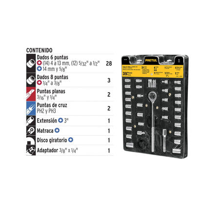 JUDA-40PB Juego de ratchet, copas y puntas mando 1/4, 3/8 y 1", 40 pzas, Pretul