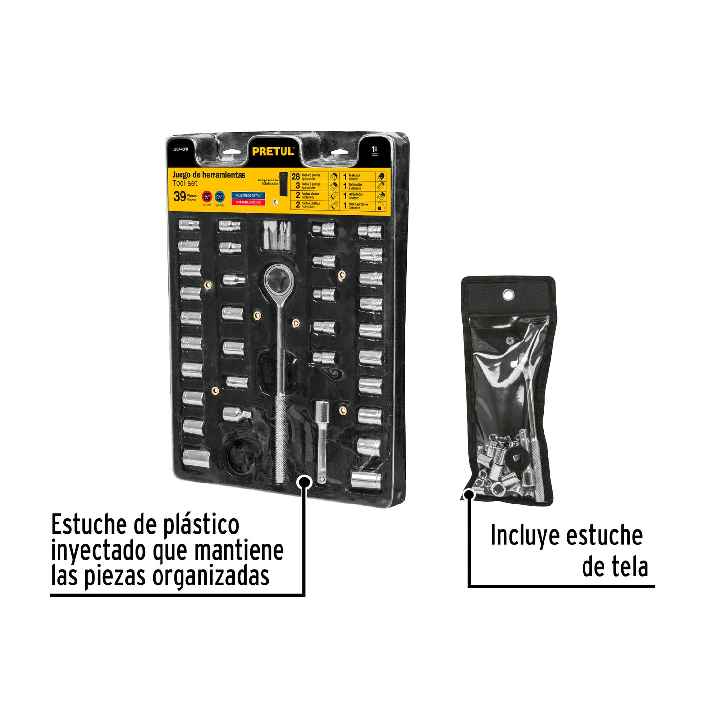 JUDA-40PB Juego de ratchet, copas y puntas mando 1/4, 3/8 y 1", 40 pzas, Pretul