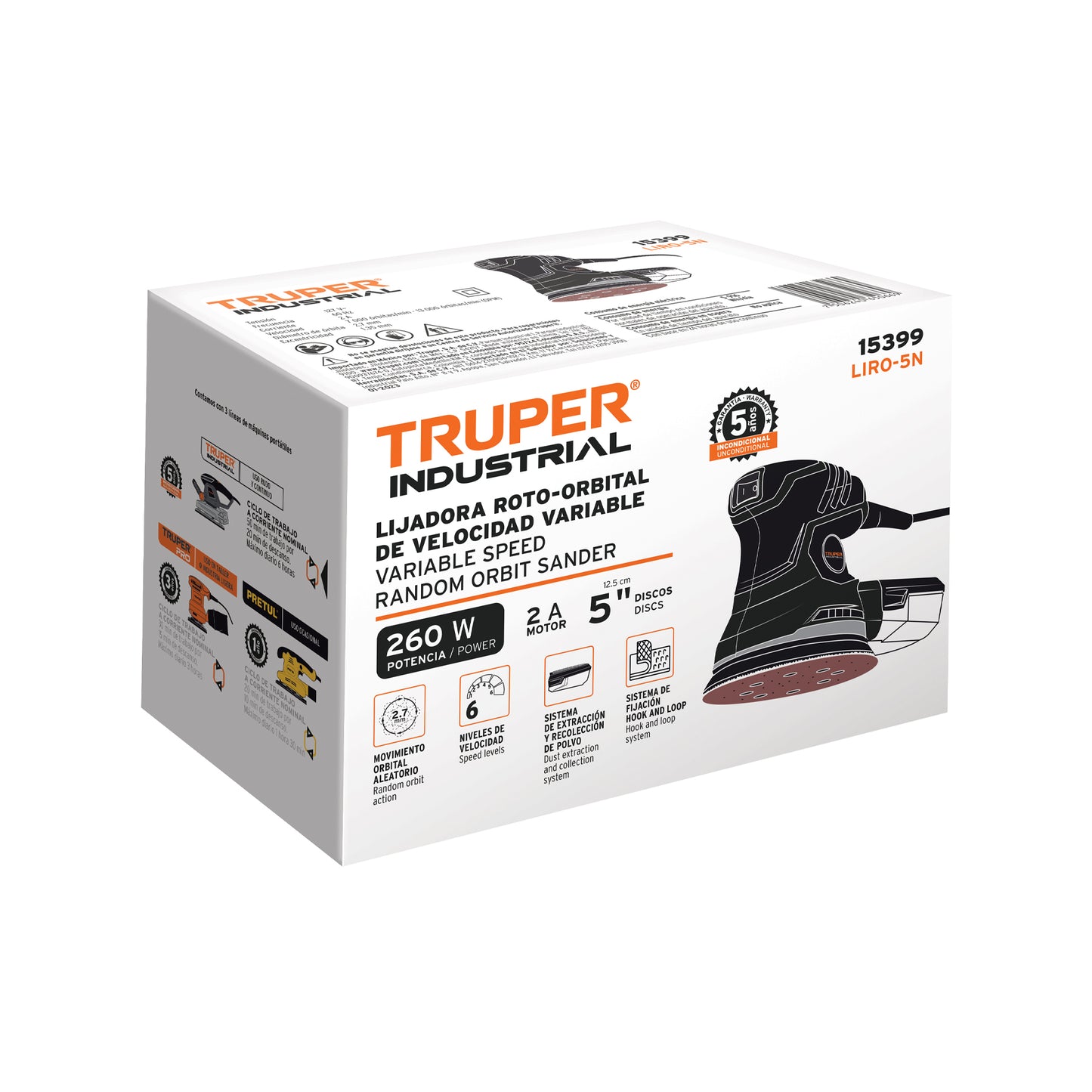 LIRO-5N Lijadora roto orbital, 5', industrial, 260 W