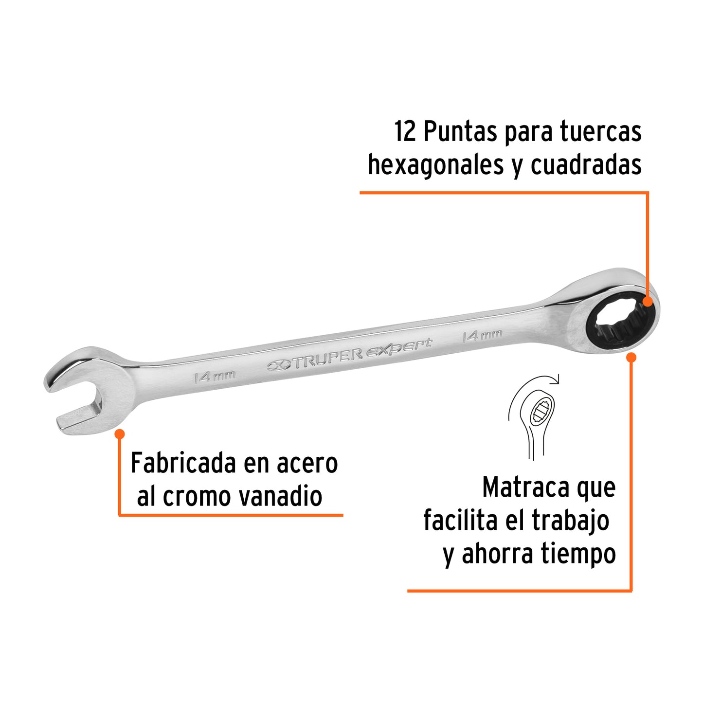LL-2014MX Llave mixta con ratchet, 14 x 186 mm, Truper Expert