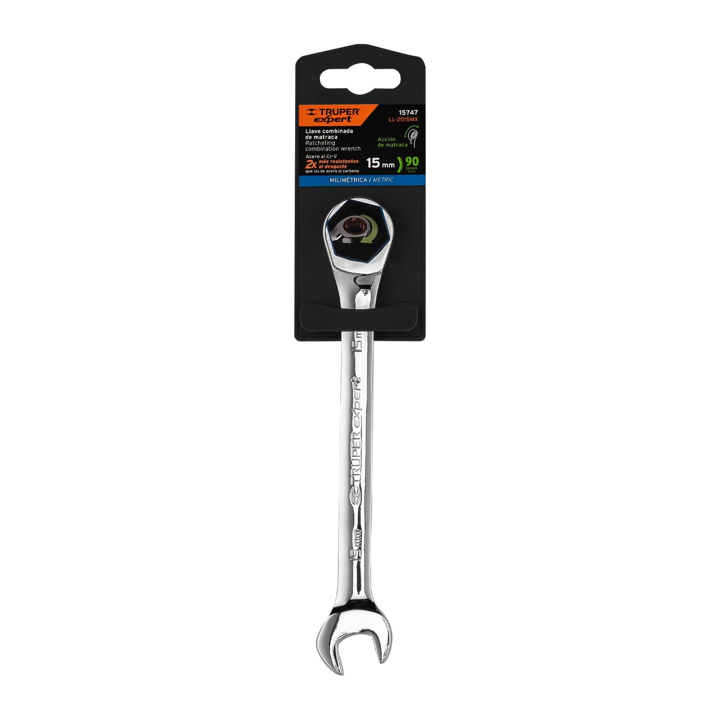 LL-2015MX Llave mixta con ratchet, 15 x 194 mm, Truper Expert
