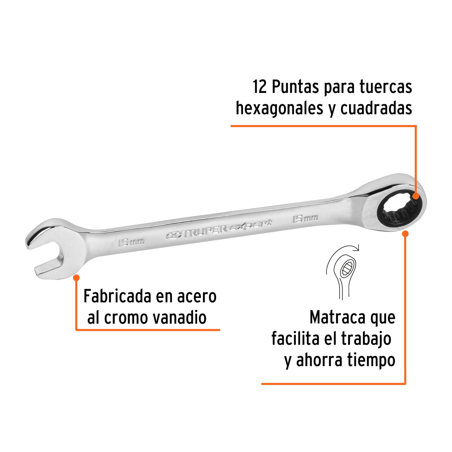 LL-2015MX Llave mixta con ratchet, 15 x 194 mm, Truper Expert