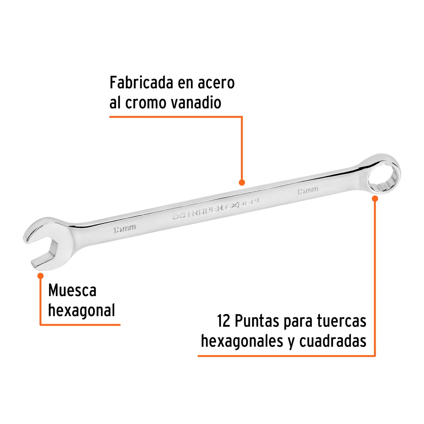 LL-2015M Llave mixta extralarga, métrica, 15 x 232 mm, Truper Expert