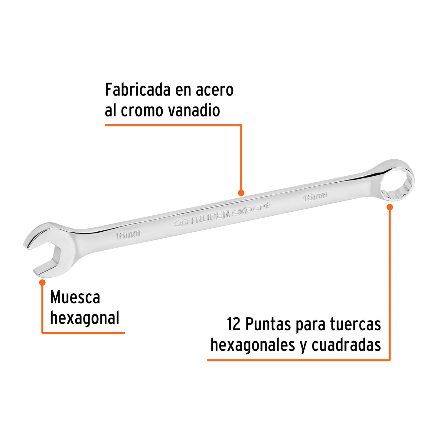LL-2016M Llave mixta extralarga, métrica, 16 x 243 mm, Truper Expert