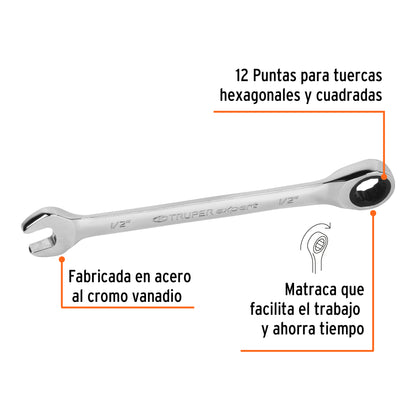 LL-2016X Llave mixta con ratchet, 1/2" x 173 mm, Truper Expert