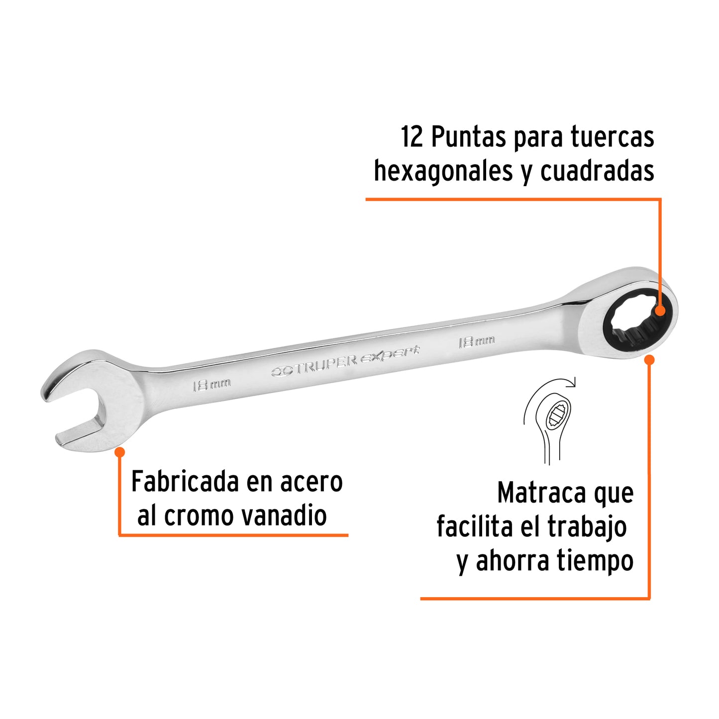 LL-2018MX Llave mixta con ratchet, 18 x 230 mm, Truper Expert