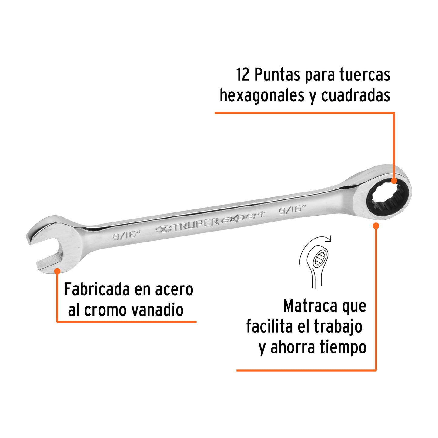 LL-2018X Llave mixta con ratchet, 9/16" x 185 mm, Truper Expert