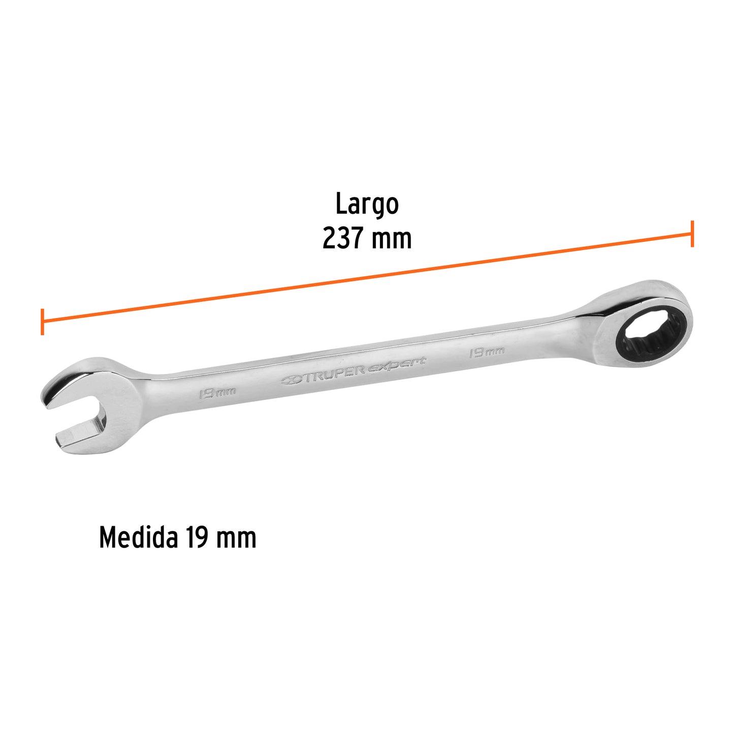 LL-2019MX Llave mixta con ratchet, 19 x 237 mm, Truper Expert