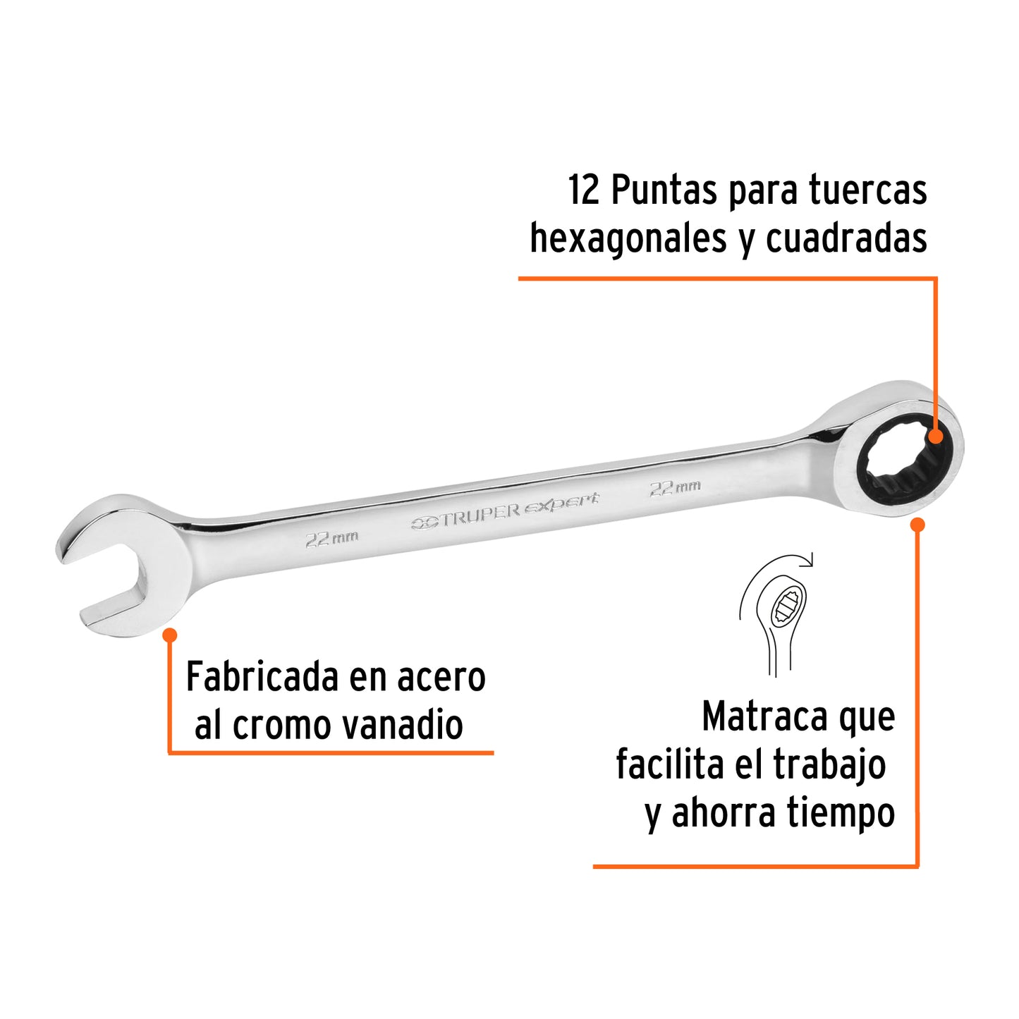 LL-1222MX Llave mixta con ratchet, milimétrica 22mm, TruperExpert
