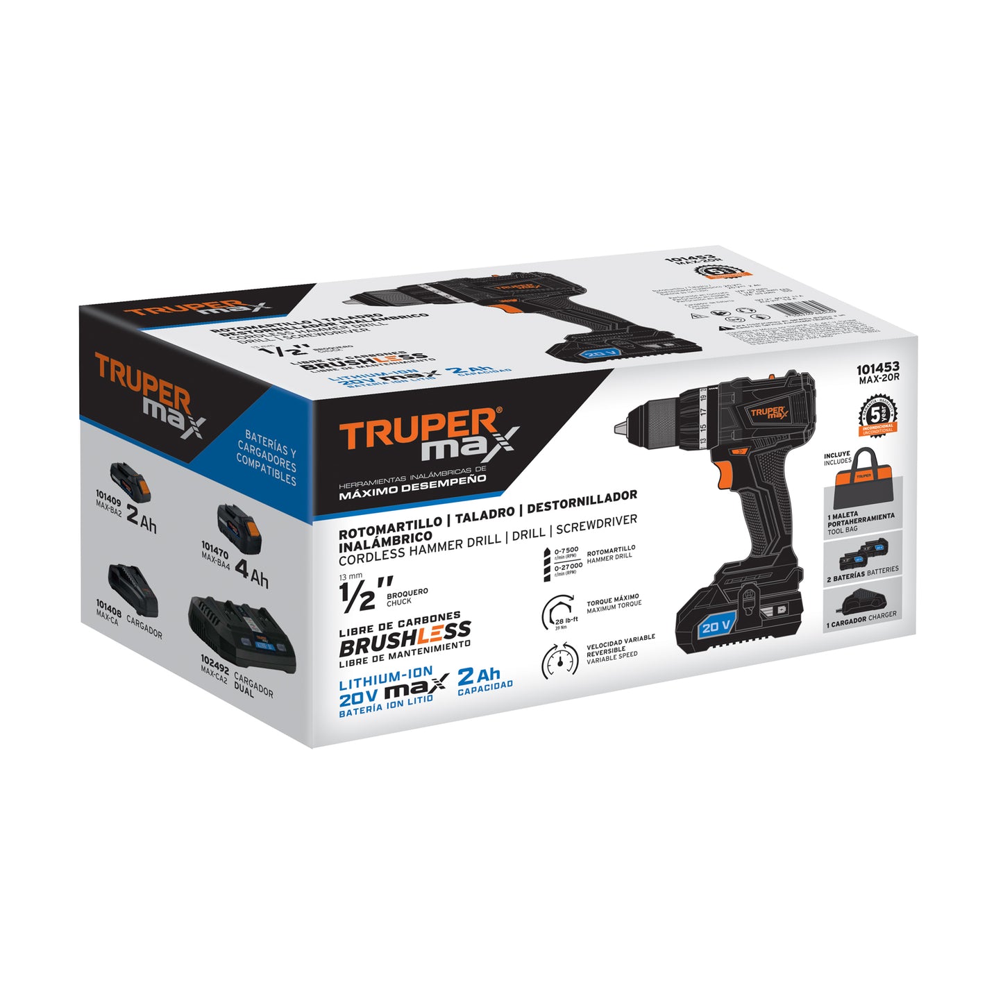 MAX-20R Taladro percutor inalámbrico Truper Brushless Kit 2 baterías 2 amperios