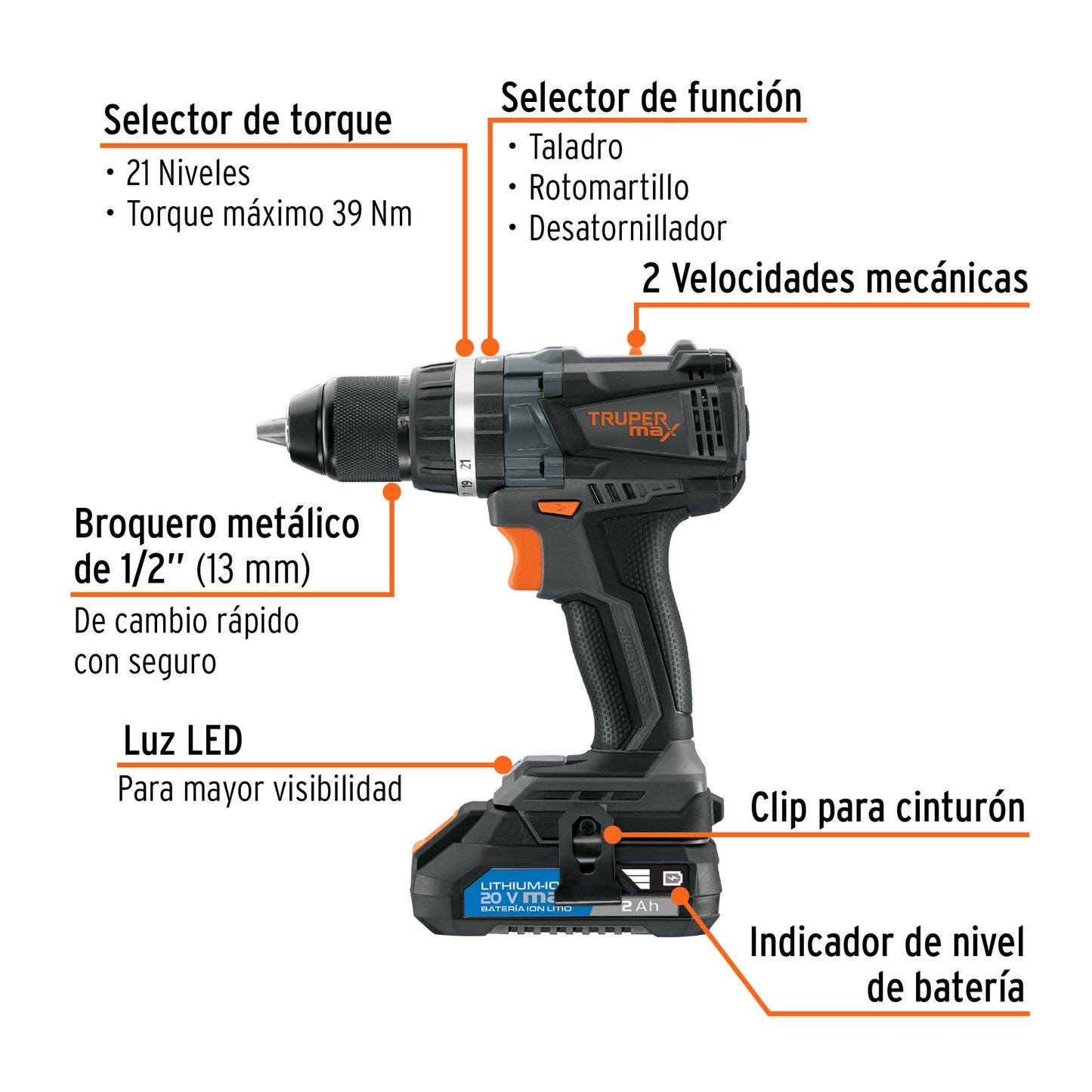 MAX-20R Taladro percutor inalámbrico Truper Brushless Kit 2 baterías 2 amperios